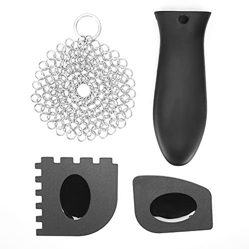 Set di Pulizia per Ghisa in Acciaio Inossidabile Spazzola per Piatti Spazzola per Manico a Caldo Raschietti per Griglia per Pentole Kit di Pulizia per Coperchio della Maniglia della Pentola