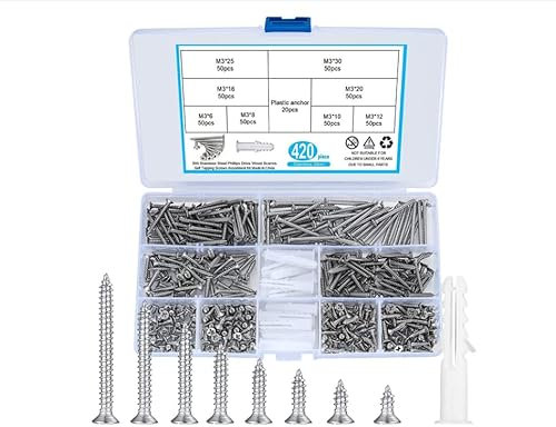 420 Piezas Tornillos Autorroscantes, M3 Tornillos para Madera Acero Inoxidable, Surtido Tornillos Cabeza Plana en Cruz con 20 Piezas M6 Anclajes de Tornillos - 6mm/8mm/10mm/12mm/16mm/20mm/25mm/30mm