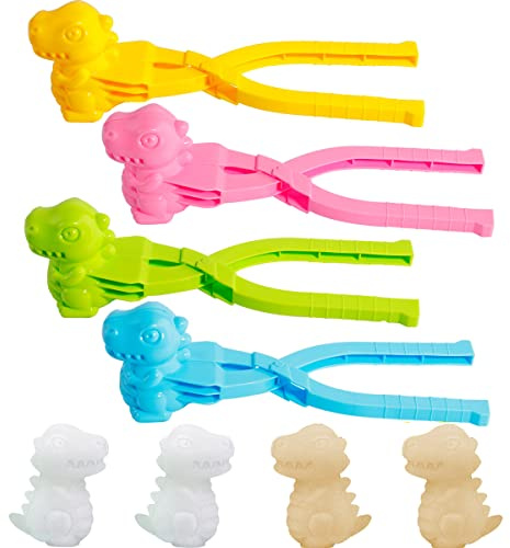 BravOne 4 Pcs/Set Snowball Maker Clips, Dinosaur Shaped Snow Ball Maker Clips Clamps Outdoor Winter Play Snow Toys Plastic Sand Molds Clay Tools for Kids Adults Snowball Fight Beach Player (Dinosaur)