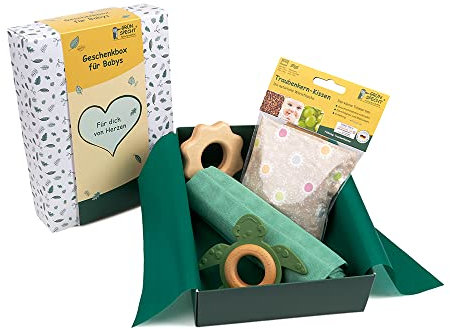 GRÜNSPECHT Geschenkbox für Babys mit Wärmekissen, Bio-Beißtier, Holzgreifling & Mullwindel, Geschenk Geburt, Babyparty (GB-003)