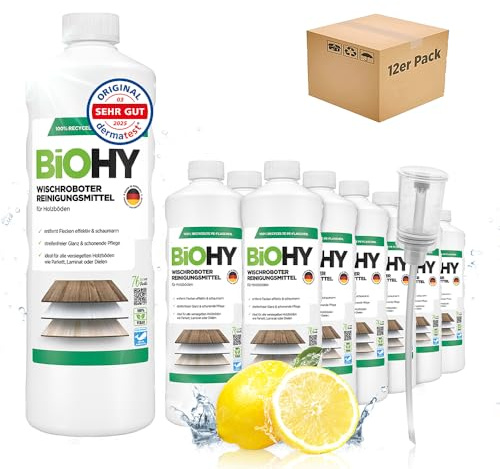 BiOHY Wischroboter Reinigungsmittel für Holzböden (12 x 1 Liter) + Dosierer | Bodenreiniger Konzentrat | Laminat & Parkettpflege | Bodenreiniger Mittel mit streifenfreiem Glanz | Schaumarm