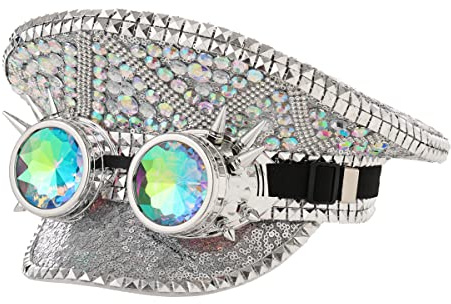 BPURB Steampunk Stil Damen Strass Zylinder mit Brille Festival Karneval Militär Kapitän Hut für Herren Cosplay Party Halloween Kostüm