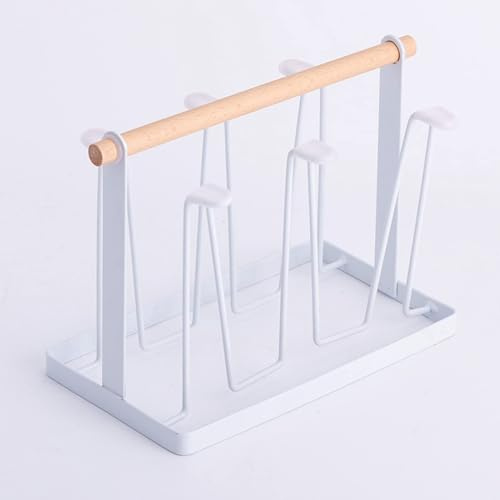 HERCHR Mug Holder Bottle Drying Rack for 6 Bottles Metal Drying Rack Stand 6 Cup Mug Holder with Wood Handle 5.12×9.25×7.2in Metal Drainer Drinking Glass and Sports Bottle Stand