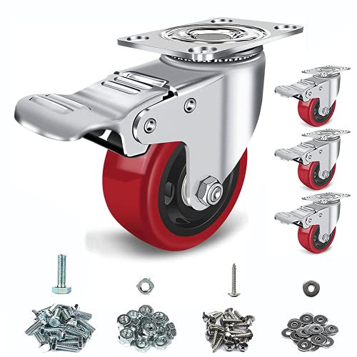 Schwerlastrollen 75mm, 4er Set 75mm PU Rollen Schwerlast mit Bremse, Tragfähigkeit 500KG, 360° schwenkbar Castors, Lager aus Kohlenstoffstahl, Verschleißfeste, Geräuschlose Rollen