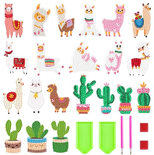 21 Alpaka Kaktus Diamond Painting Sticker ,Mini Diamond Painting Aufkleber für Kinder und Erwachsene Anfänger,DIY Handgemachte Diamant Aufkleber Kit, Diamant Mosaik Aufkleber für Handytaschen Notebook