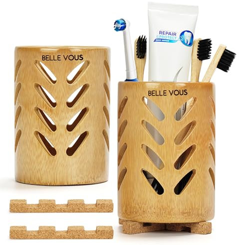 Belle Vous Pack de 2 Vasos de Bambú Portacepillos de Dientes con Drenaje - Ecológico Soporte para Cepillo con Base de Corcho - Vaso para Viajes, Baño o Encimera - Para Cepillos, Pasta y Afeitadoras