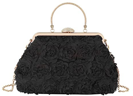 Meliyya Damen Blumen Clutch Strass Brauttasche Kette Schultertasche Handgriff Abendtasche Umhängetasche Hochzeit Prom Party Handtasche, Schwarz