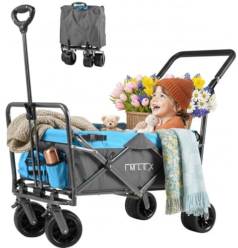 IMLEX Bollerwagen IM-4275 faltbar Azurblau Bollerwagen klappbar mit Schiebegriff Transportwagen mit 3-Punkt-Gurtsystem