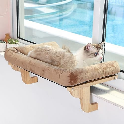 Zakkart Cat Perch for Window Sill with Bolster - Orthopedic Hammock Design with Premium Hardwood & Robust Metal Frame - Cat Window Seat for Large Cats and Kittens - Natural Color Wood with Brown Bed | Hook-On Windowsill Mount, Machine Washable Hammock Bed, Premium Hardwood & Robust Metal Frame, Hold up to 40 lbs, 24L x 15W