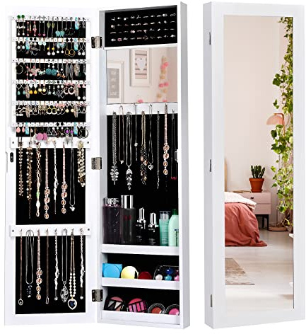 GOPLUS Schmuckschrank hängend, Spiegelschrank mit Spiegel, 3 Ablagen, Wandschrank für Schlafzimmer & Garderobe, Weiß