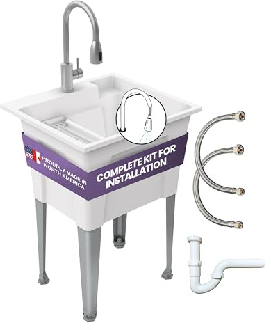 Freestanding Utility Sink with Gooseneck Faucet - 24 Plastic Utility Sink with Steel Legs for Garage, Laundry, Indoor and Oudoor Use - Laundry Tub Kit by Noah William Home - White (19.5 gal)