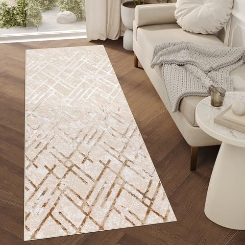 TAPISO Crystal Läufer Teppich Glänzend Gold Beige Creme Linien Figuren Zigzag Wohnzimmer Schlafzimmer Flur Korridor Modern Design ÖKO-TEX 120 x 500 cm