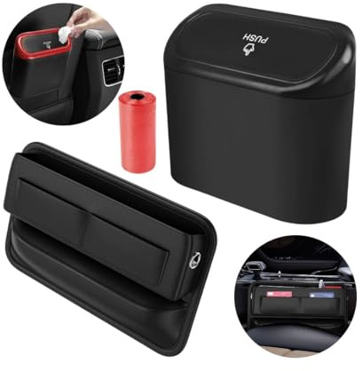 Auto Organizer und Mülleimer Set – Aufbewahrungsbox für Autositze, Autositz-Lückenfüller Organizer, Seitentasche für Handy, Schlüssel & Karten, Wasserdichter Automülleimer mit Deckel & Müllsäcke