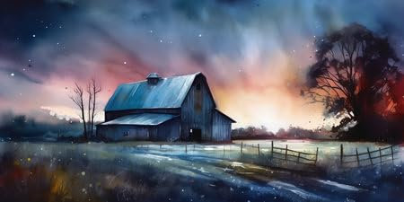 Holz-Bild 60 x 30 cm: Aquarellmalerei einer alten Scheune auf einer Landstraße bei Sonnenuntergang. (212237355)
