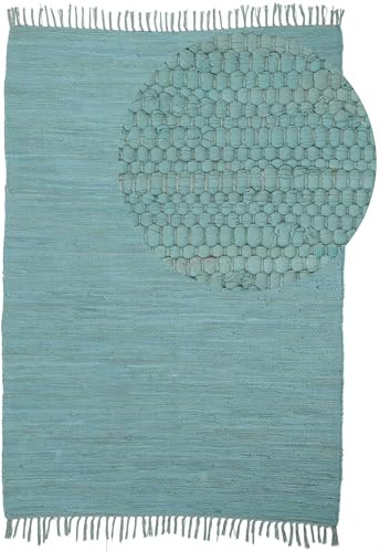 carpetfine Flickenteppich Kelim Chindi Uni Türkis 190x290 cm, handgewebt | Fleckerlteppich aus Baumwolle für Wohnzimmermit Fransen