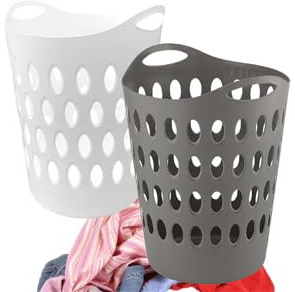 Large Tall Plastic Grey White Washing Clothing Laundry Utility Baskets | With Handles
