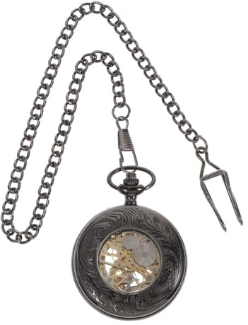Vintage Retro Taschenuhr mit Automatischem Uhrwerk, Abnehmbarer Kette | Skelettiertes Rundes Zifferblatt, 12-Stunden Anzeige, Präzise Zeitmessung, Schwarz, Damen und Herren