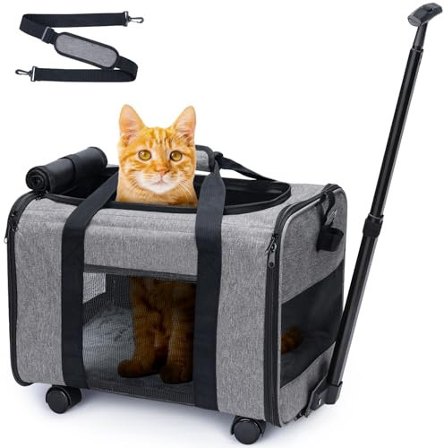 Sac Transport avec roulettes Amovibles pour Les Petits Chiens et Chats, Caisse de Transport Avion Cabine, Chariot pour Chien Charge jusqu'à 9kg (Gris)