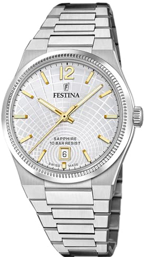 Festina Swiss Made Damenuhr Analog aus Edelstahl 316l Silberfarben | Quarzwerk, Robustes Saphirglas, Wasserdicht 10 ATM, Kalender F20052/2, Rive Collection