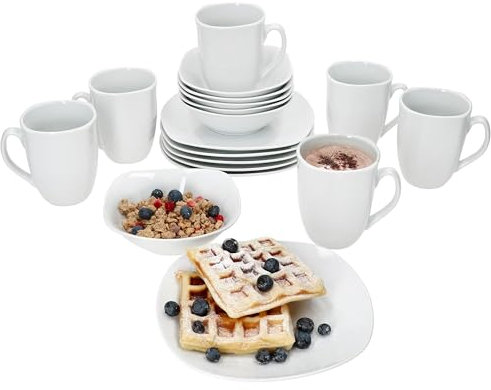 MamboCat Lotta Service de petit-déjeuner 18 pièces I Vaisselle en porcelaine blanche pour le petit-déjeuner et le café I 6 assiettes chacune, 6 bols de 250 ml et 6 tasses à café de 300 ml pour 6