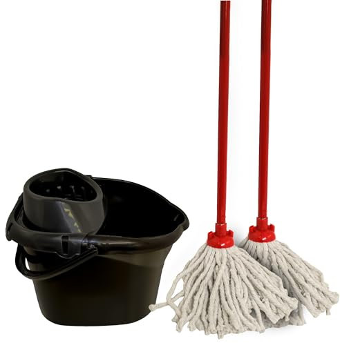 KMJ Black Heavy Duty Mop and Buckets Sets (2 Mop Heads & 1 Steel Pole) with Detachable Wringer-Classic Plastic Mop and Bucket-Sturdy Plastic Buckets & Floor Mops-Super Absorbant Microfibre Cotton Mop