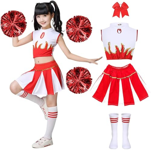PIXUYE Deguisement Pompom Girl Fille Costume De Cheerleader Enfant Avec Pompons Et Chaussettes Uniforme De Pom-Pom Girl Costume Carnaval Cosplay Mascarade Halloween FêTe Performance