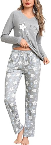 Litherday Ensembles de Pyjama Femme Coton Vêtement de Nuit Automne Hiver à Manches Longues Vêtement d'Intérieur 2 Pièces avec Poches