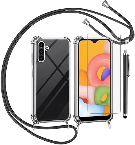Handykette für Samsung Galaxy A16 Hülle mit Displayschutzfolie Schutzfolie, Necklace Handyhülle mit Abnehmbar Kordel zum Umhängen Transparent Silikon Schutzhülle mit Band in Schwarz