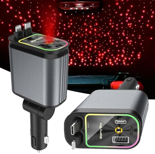 Zigarettenanzünder USB C Auto Ladegerät, Einziehbares 4 in 1 Aufrollbares Autoladegerät, Starlight im Autodach USB Auto Adapter, KFZ Ladegerät 12V 24V USB Schnellladung Auto Zubehör Innenraum (C+L)