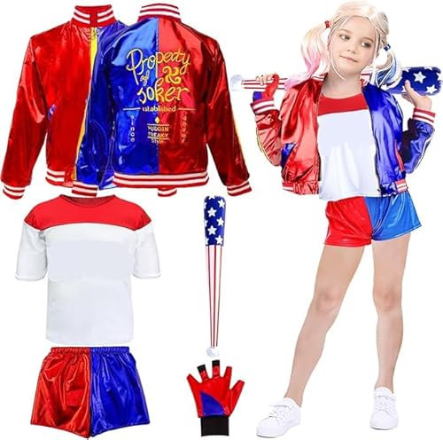 Amazluck Costume Bambina Vestito Bambina Vestito Carnevale Bambina Costume Cosplay T-shirt Pantaloncini Cappotto Guanti Baseball Gonfiabile Ragazze Mazza Halloween Natale Carnevale Costumi Cosplay
