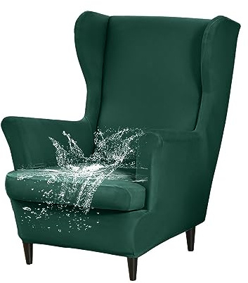 WJHDWYD Wasserdichter Ohrensesselbezug, 2-teiliger Sesselbezug mit T-Kissenbezug, einfarbiger Stretch-Sesselbezug, for Hotel-Wohnzimmer-Schlafzimmer(Vert Foncé)