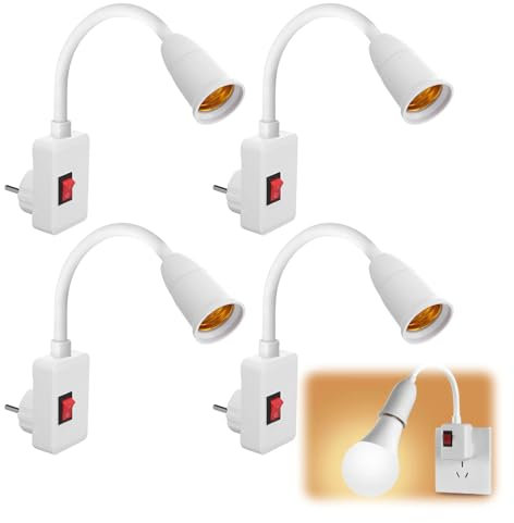 GOEDCH 4 pezzi portalampada E27 con interruttore: piedini per lampada con cavo flessibile per LED, portalampada regolabile a 360°, flessibile a collo di cigno, spina europea per ufficio, camera da