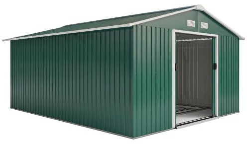 Outsunny Gerätehaus 12,4 m² mit Pultdach 386 x 340 x 200 cm Dunkelgrün | Schiebetür , Wetterfest, Geräteschuppen, Gartenhütte Gartenhaus, Outdoor Garten Schuppen, für Hinterhof Außenbereich