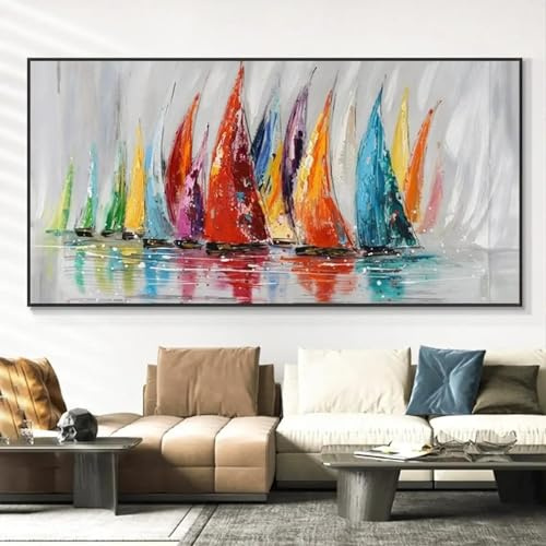 LZJAGXX Dipinto ad olio su tela con barca a vela colorata astratta - Poster e stampe moderne, quadri da parete, decorazioni per la casa e l'ufficio, senza cornice, 75x150 cm