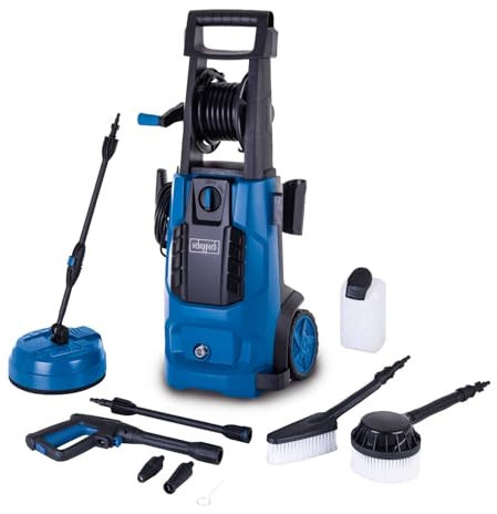 Scheppach Hochdruckreiniger HCE2800 | 180bar Arbeitsdruck | 480 l/h Fördermenge | integrierte Schlauchtrommel mit 5m Schlauch & Reinigungstank | Terrassenreiniger Flächenreiniger inkl.10-TLG. Zubehör