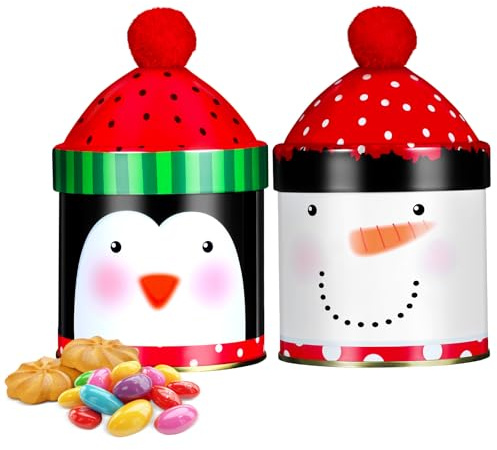 Healifty 2pcs Christmas Cookie Tins Metal Decorative Penguin Snowman Design with Cute Red Top Pom Lid Candy Storage Boxes Empty Tinplate for Party Favor Goody Treat Biscuits Holiday Treat