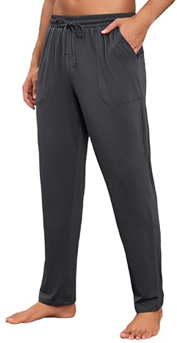 Litherday Pantalón de Pijama Hombre Largo de Algodón Suave y Cómodo Pantalones de Casa con Bolsillos y Cordón para Dormir Primavera Otoño Ropa de Estar en Casa, Gris Oscuro, L