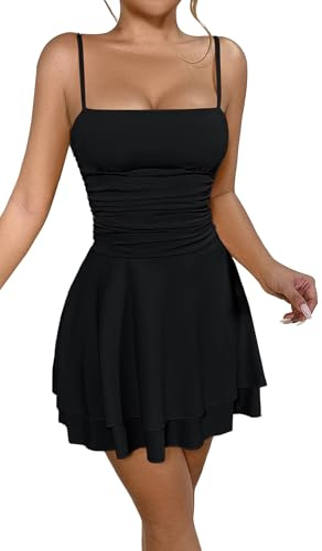 SEAUR Dam spagettirem bodycon rynkad miniklänning sexig rygglös tight cami kort volang fåll klänning, Svart, XS