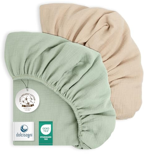 DOLCI SOGNI Spannbettlaken 70x140 Baby – Bettlaken Kinderbett 70x140 – Spannbettlaken Kinderwagen – Bettlaken Babybett – Spannbetttuch Beistellbett – Musselin Set Oeko-TEX - 1 x Sand + 1 x Minze