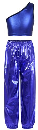 MSemis Completi Sportivi da Danza Moderna Jazz Hip Hop Bambine Ragazze Tute da Ginnastica Ballo di Strada Crop Top Monospalla Paillettes Canotte + Pantaloni con Cintura Blu reale A 13-14 anni