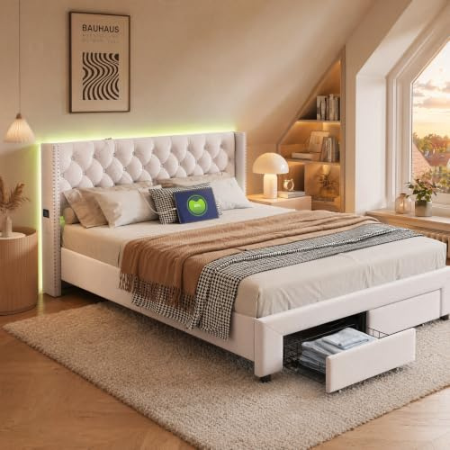 YNYHTER Doppelbett 180 x 200 cm, mit LED, gepolstertes Bett mit Schubladen und USB-Ladeanschluss, Bett mit Aufbewahrung, 180 x 200 cm, Samtstoff, Doppelbett mit USB, ohne Matratze (Beige D, 180 x 200