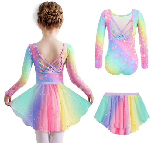 Arshiner Abbigliamento da Balletto per Ragazze Stelle Arcobaleno Abito da Balletto a Maniche Lunghe Abito da Ballo in Cotone per Bambini in Due Pezzi Body da Ballo con Tutu 9-10 Anni