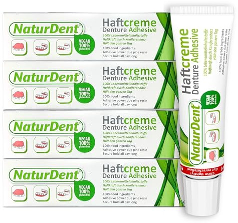 NaturDent Natural Strong Denture Adhesive – Long Lasting Hold, Zinc-Free, Petrochemical-Free, Paraben-Free, Neutral Taste, 40 g - 4 Pack