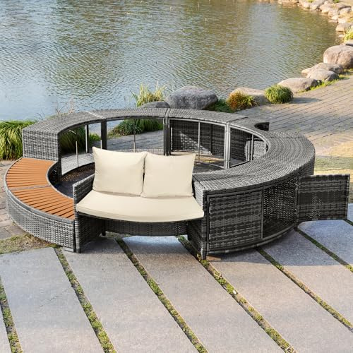 BXEYXE Garten-Lounge-Set mit runder Couch. Gartenmöbel-Set. Lounge-Set. für Whirlpool und Pool. mit verstellbaren Füßen. inklusive Kissen. Möbel für Terrasse. Garten oder Poolbereich