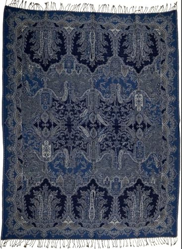 Lorenzo Cana - 96328 - Couverture jacquard tissée en coton avec laine mérinos d'agneau mérinos - Couverture de canapé - Couverture de pique-nique - Plaid bleu cachemire - 140 cm x 200 cm
