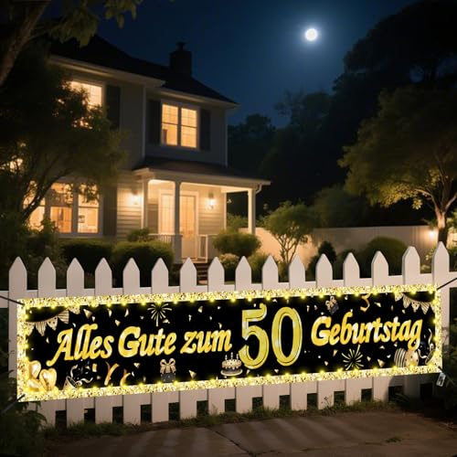 Seutgjie 50. Geburtstag Deko Geburtstagsbanner mit LED Licht 40 * 270CM | Banner 50 Geburtstag Frau Mann Hintergrund Dekoration Gold Schwarz