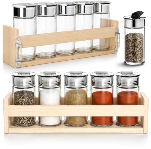 COM-FOUR® 12-delat kryddströare set, glasburkar med lock i trähylla, salt och peppar ströare för kök och förvaring i modern stil (12-delars set - shaker/hyllplan)