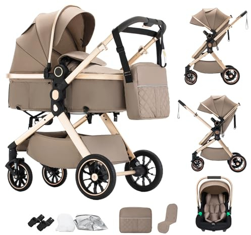 Shineey Kinderwagen 3 in 1, Alltags Buggy Faltbarer Kinderwagen Set, Kombikinderwagen 3 in 1 mit Großer Bequemer Babywanne, Laufwagen Rahmen Aluminiumlegierun (U9-X//BROWN, U9-X)