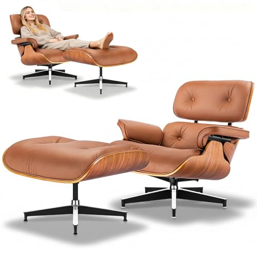 Asukale Genuine Leather Relaxation Chair with mit Fußhocker, Moderner Fernsehsessel, Drehbarer Chaiselongue mit Ottomane, Fixed Tilt Angle of 105°, Massiver Holzrahmen with Padded Cushion, Braun