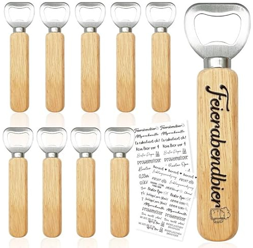 Flaschenöffner Holz 10 Stück Bieröffner mit Holzgriff DIY Gravur | inkl. 2 Rub-on Sticker, Männer Geschenk für Vater Freunde, Geburtstag & Vatertag